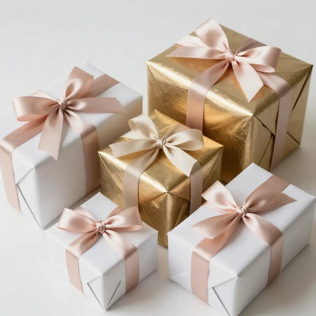 Beautifully wrapped gift boxes with ribbons and bows