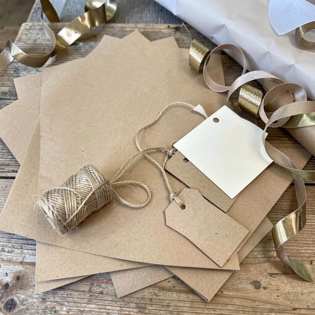 Gift wrapping materials and supplies arranged on table